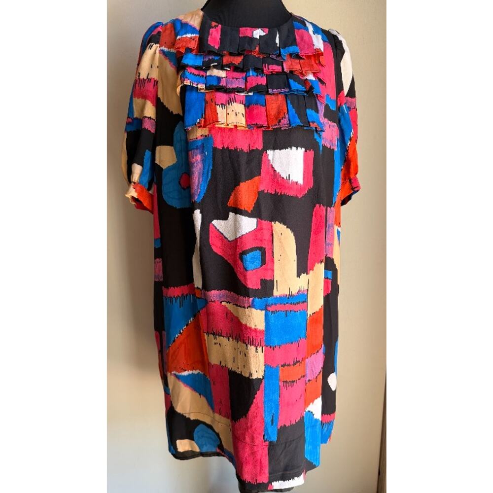 See By Chloé Abstract Multicolor Mini Dress — Black, Blue, Pink, Red, Cream